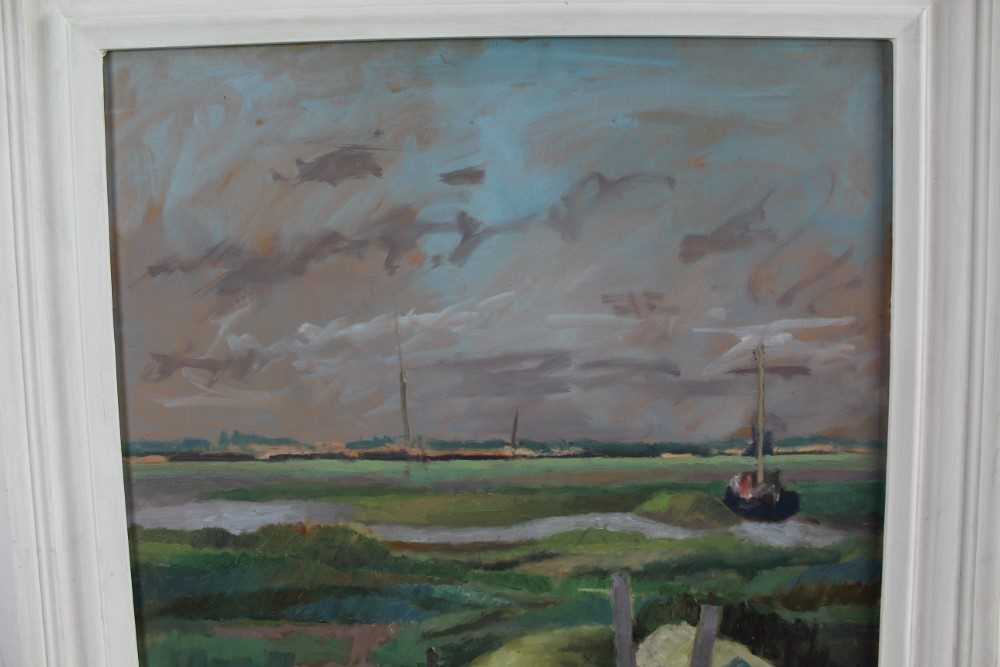 David Britton, contemporary, oil on board - Boats and Walkways at Tollesbury, signed, framed, 59cm x - Image 5 of 7