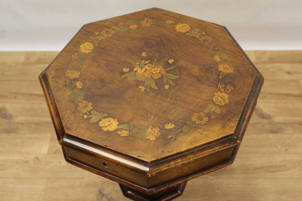 Victorian inlaid figured walnut needlework table with floral marquetry inlaid octagonal top enclosin - Image 2 of 7