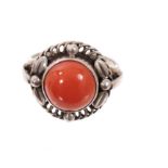 Georg Jensen silver and coral ‘moonlight blossom’ dress ring with a round coral cabochon in silver s
