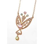 Edwardian 15ct gold peridot, pink stone, blue stone and seed pearl pendant necklace on chain
