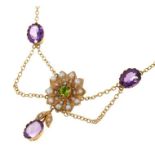 Edwardian style suffragette reference gold peridot, amethyst and seed pearl pendant necklace