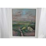 David Britton, contemporary, oil on board - Boats and Walkways at Tollesbury, signed, framed, 59cm x