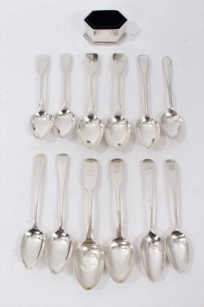 Twelve Georgian and Victorian silver spoons, and a Garrard silver salt