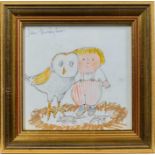 John Burningham (1936-2019) pen, ink, watercolour and crayon illustration – To Hoot With Owls Is Rea