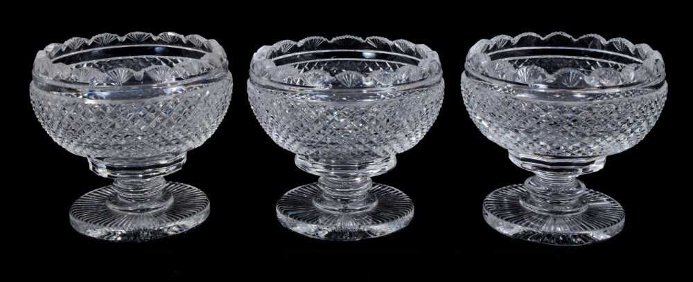 Trio of good quality Waterford glass pedestal bowls, each with fan cut rims, hob-nail cut bodies and