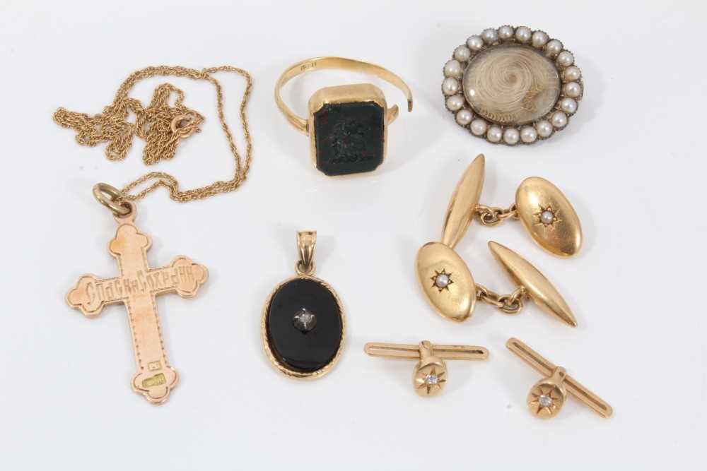 Russian gold cross pendant, seed pearl mourning brooch, signet ring, cross, onyx pendant and two stu