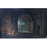 Attributed to David Teniers (1610-1690) oil on panel, night scene with figures around a brazier, 8 x