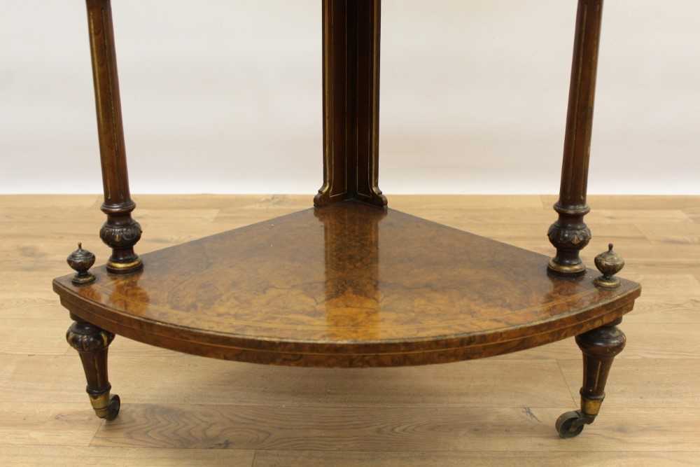 Good quality Victorian inlaid burr walnut veneered and parcel gilt bow front four tier corner whatno - Image 4 of 7