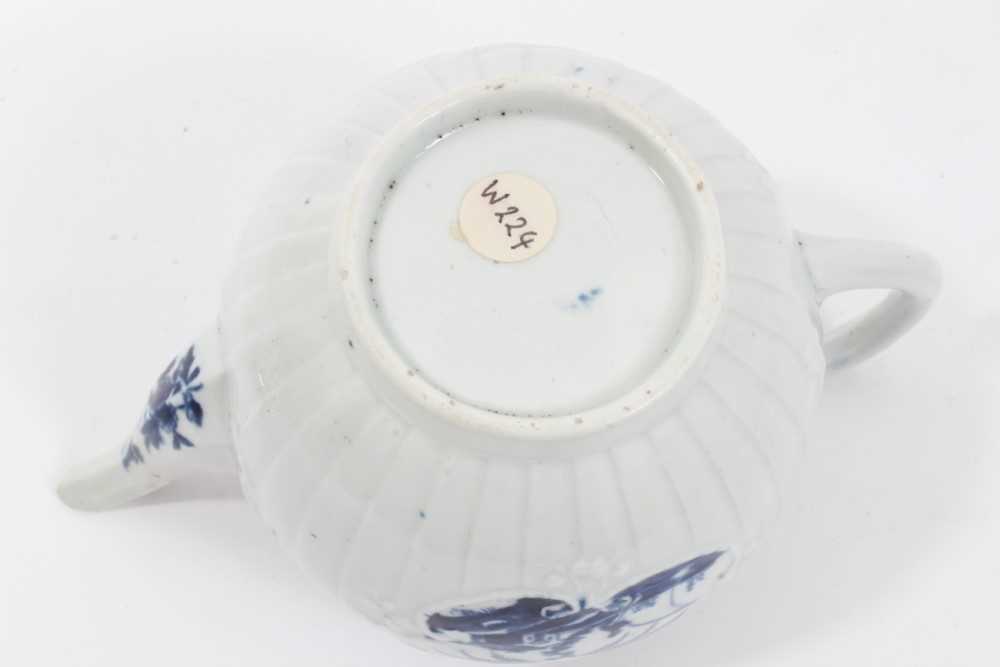 Rare Worcester small strap-fluted teapot and cover, circa 1755, painted in blue with the Fisherman a - Image 7 of 7