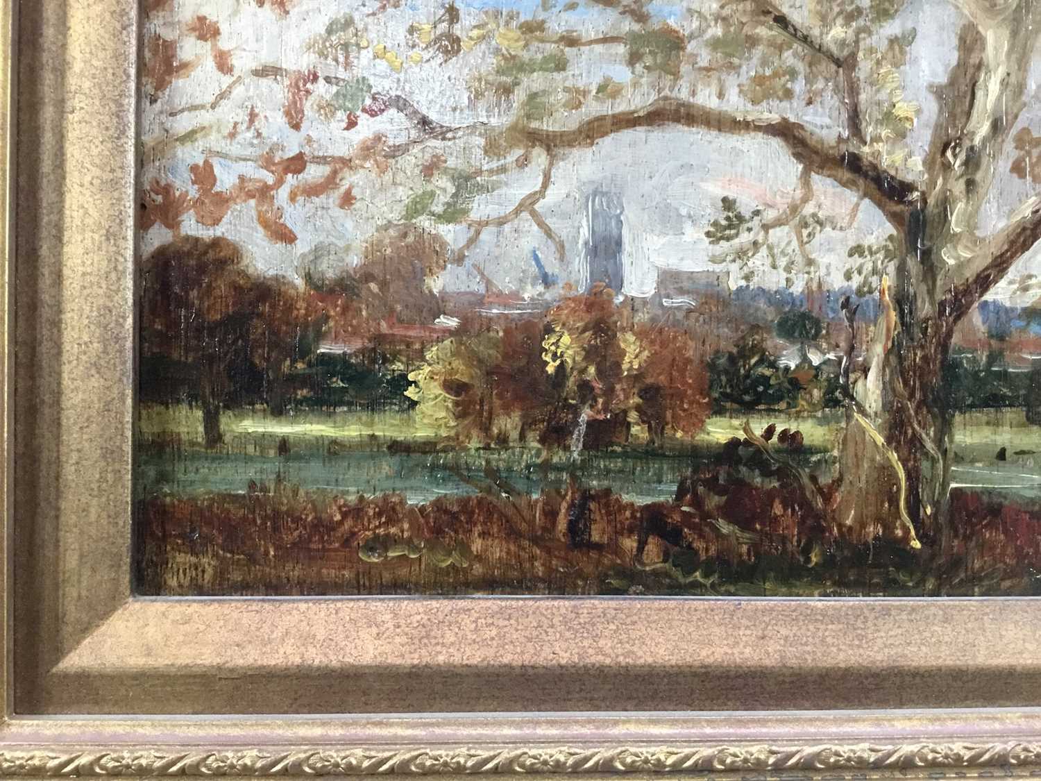Thomas Churchyard (1798-1865) oil on panel - View through trees, inscribed 'Anna' verso, 13.5cm x 28 - Image 3 of 8