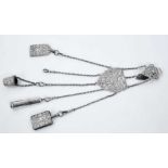 Late Victorian silver sewing chatelaine with ornate cast belt hook and five suspension chains