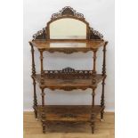 Victorian inlaid burr walnut veneered three tier whatnot with arched mirrored back, three marquetry