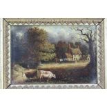 English School, 19th century, oil on board - cattle grazing before a cottages, 10.5cm x 15.5cm, in g