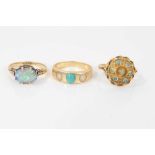 Opal single stone ring, Victorian turquoise and split pearl ring, and an 18ct gold opal cluster ring