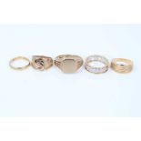 9ct gold signet ring, 22ct gold wedding ring, and three other gold rings