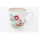 Worcester coffee cup, circa 1770, polychrome painted with flowers, with iron red inner border, 6.5cm