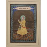 Indian painting of a Jaipur nobleman In yellow embroidered robes, holding a rose, standing on a carp