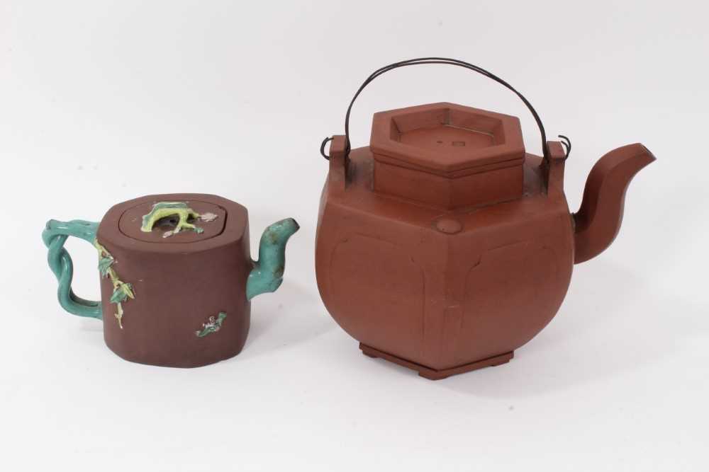 Two Chinese Yixing teapots, 19th/20th century, the first of hexagonal form, seal marks to cover and - Image 2 of 13