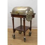 Impressive early 20th century mahogany serving trolley, with silver plated domed cylinder cover and