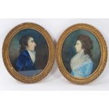 English School, circa 1790, watercolour on paper, a pair of portraits of husband and wife