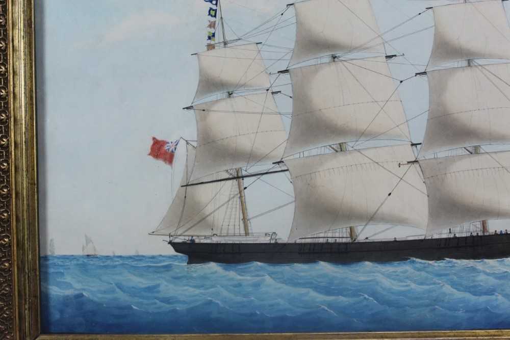 Mid 19th century watercolour - an East Indiaman at sea, titled verso with original text 'Assaye, Eas - Image 2 of 9