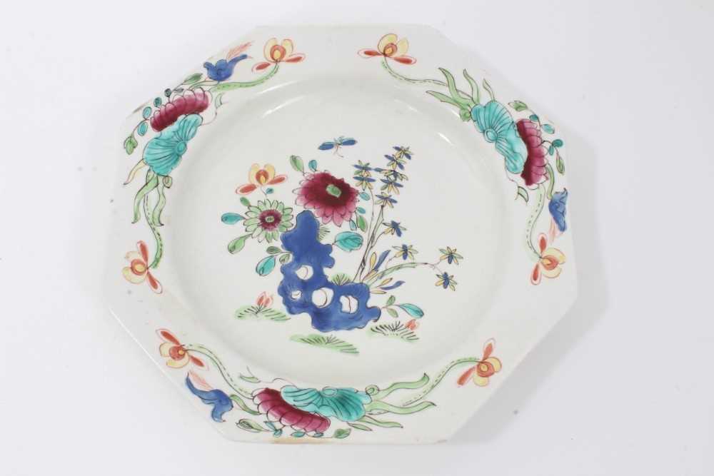 Bow octagonal plate, circa 1753-54, painted in the Chinese famille rose style with flowers, 22cm acr