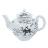 Worcester teapot and cover, circa 1755-56, decorated in monochrome black with the Boy on a Buffalo p