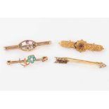 Four Edwardian gold brooches to include a turquoise and seed pearl forget-me-not brooch.