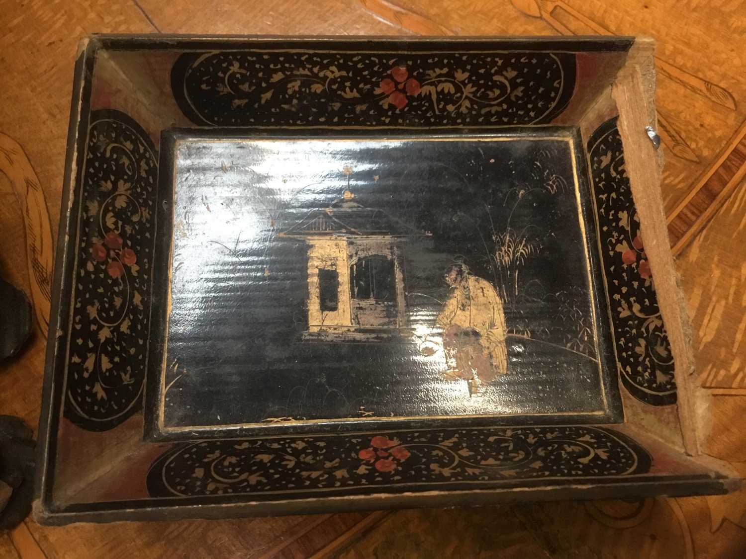Early 19th century Chinese black lacquered box, mother-of-pearl gaming counters - Image 15 of 21
