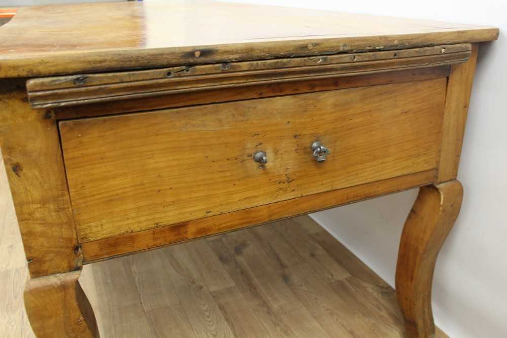 19th century French fruitwood farmhouse table, canted rectangular plank top over end deep drawers an - Image 5 of 5