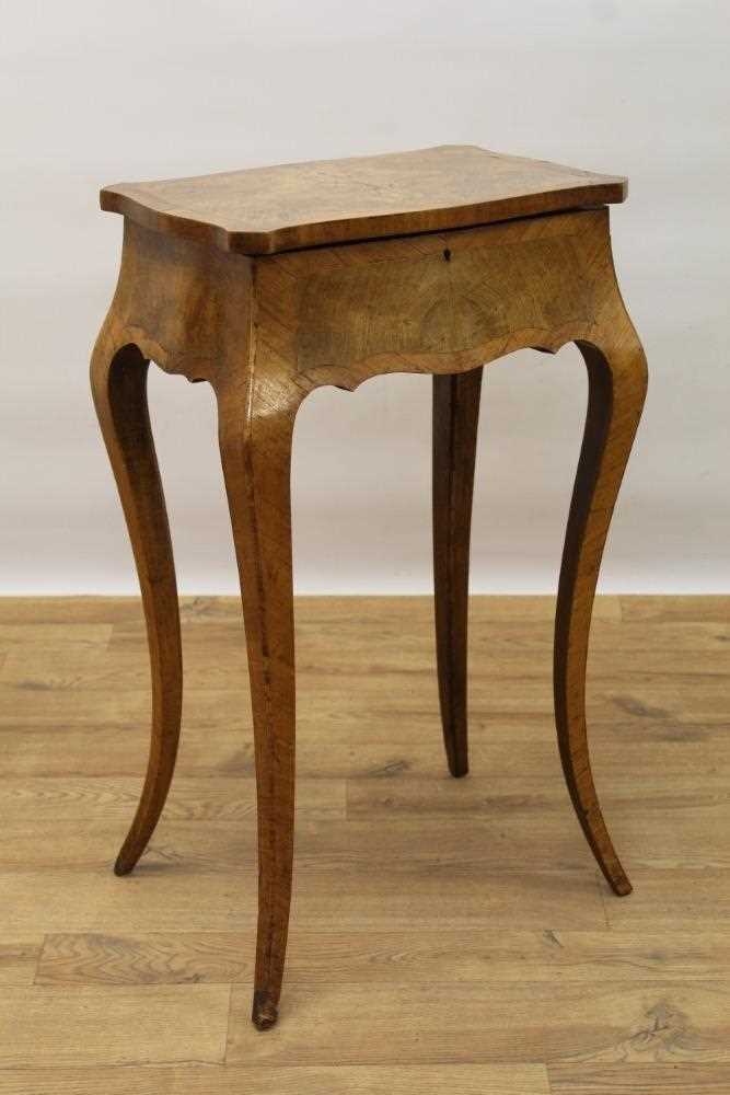 Victorian walnut teapoy, shaped rectangular form, the quarter-veneered crossbanded top higher to rev