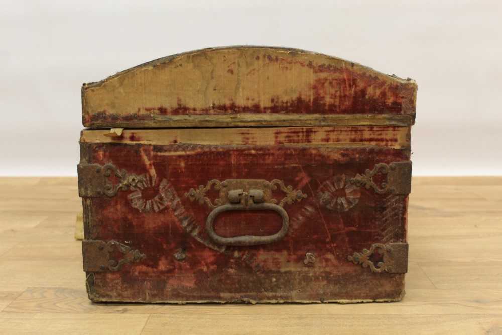 Good 17th century velvet upholstered dome top trunk with iron strap work mounts Provenance: Remov - Image 8 of 10
