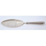 George III silver fish slice with pierced latticework blade and engraved armorial crest