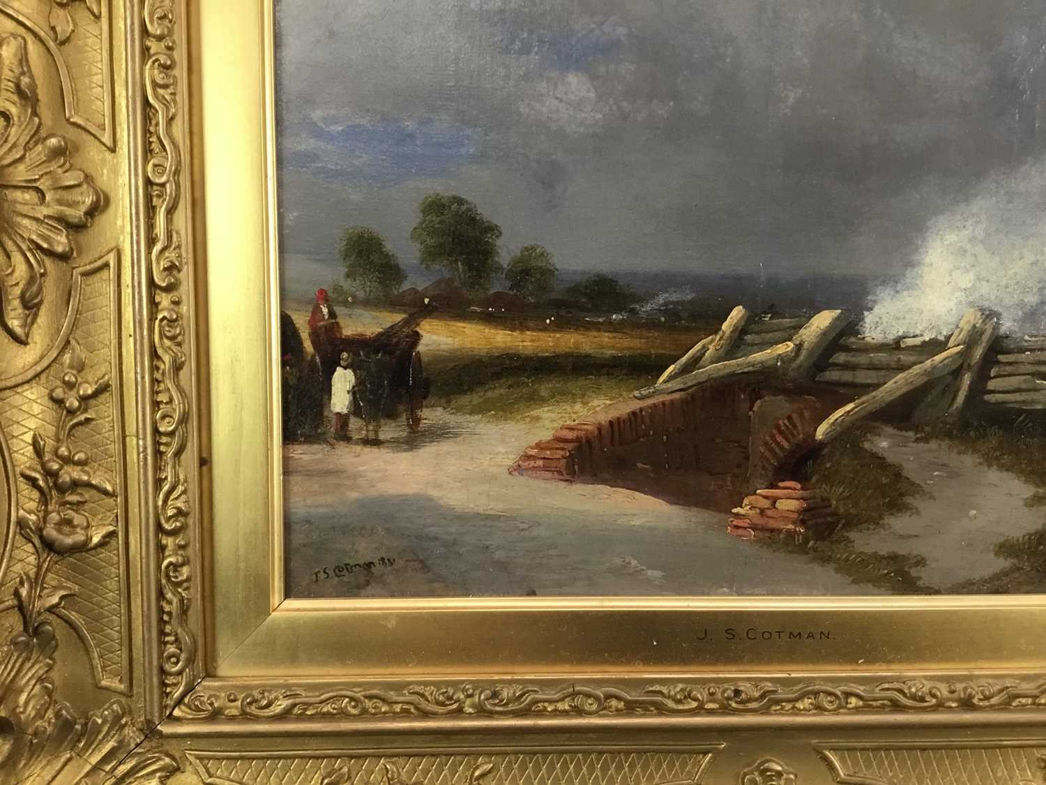 John Sell Cotman 1782 - 1842 A landscape with rustic figures by a bridge, oil on canvas, signed, - Image 6 of 10