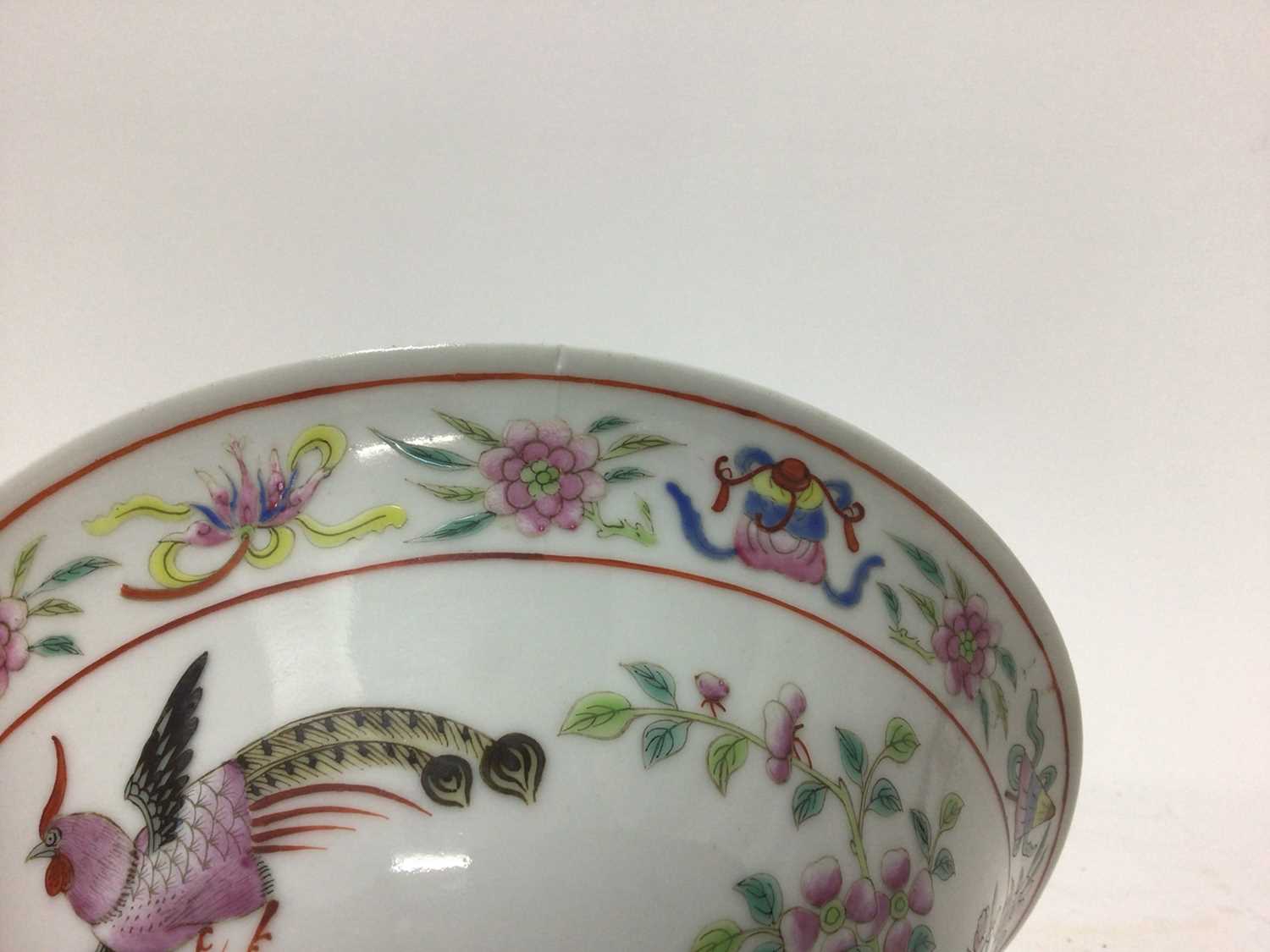 Pair of Chinese famille rose porcelain bowls, c.1900, decorated with tropical birds, flowers and aus - Image 9 of 9