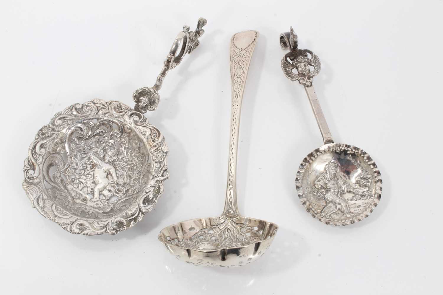 19th century Continental silver caddy spoon with embossed decoration, stamped 930 and import marks f