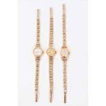 Three ladies 9ct yellow gold wristwatches on 9ct gold bracelets