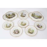 Set of six pearlware plates and two dessert dishes c.1800, decorated with rural scenes and gilt bord