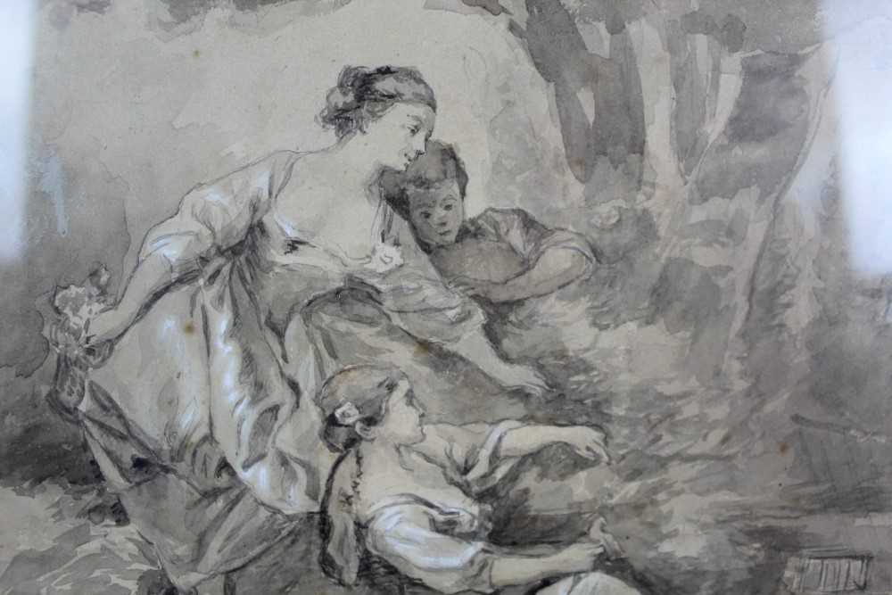 Manner of Francois Boucher (1703-1770) wash drawing of classical figures - Image 3 of 5