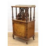 Victorian inlaid burr walnut veneered Canterbury with pierced brass galleried top, pierced divisions