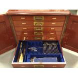 Mahogany six drawer cutlery canteen, containing a composite set of silver plated cutlery