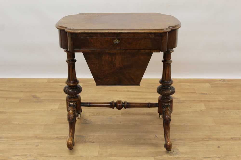 Victorian inlaid burr walnut veneered needlework table with quarter-veneered inlaid burr walnut top, - Image 2 of 7
