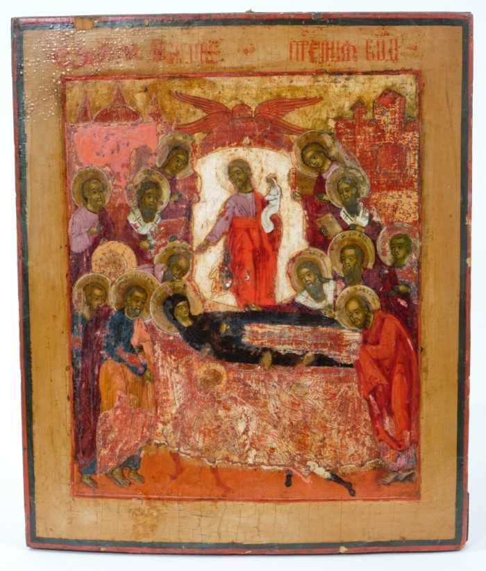 Icon of the Dormition of The Virgin 18th Century Russian polychrome painted icon