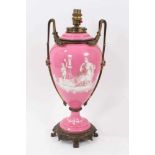 Victorian Minton-style ormolu-mounted pink-ground porcelain lamp, with monochrome classical scenes,