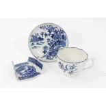 Rare Worcester blue and white teacup, a Caughley asparagus server and a Lowestoft blue and white sau