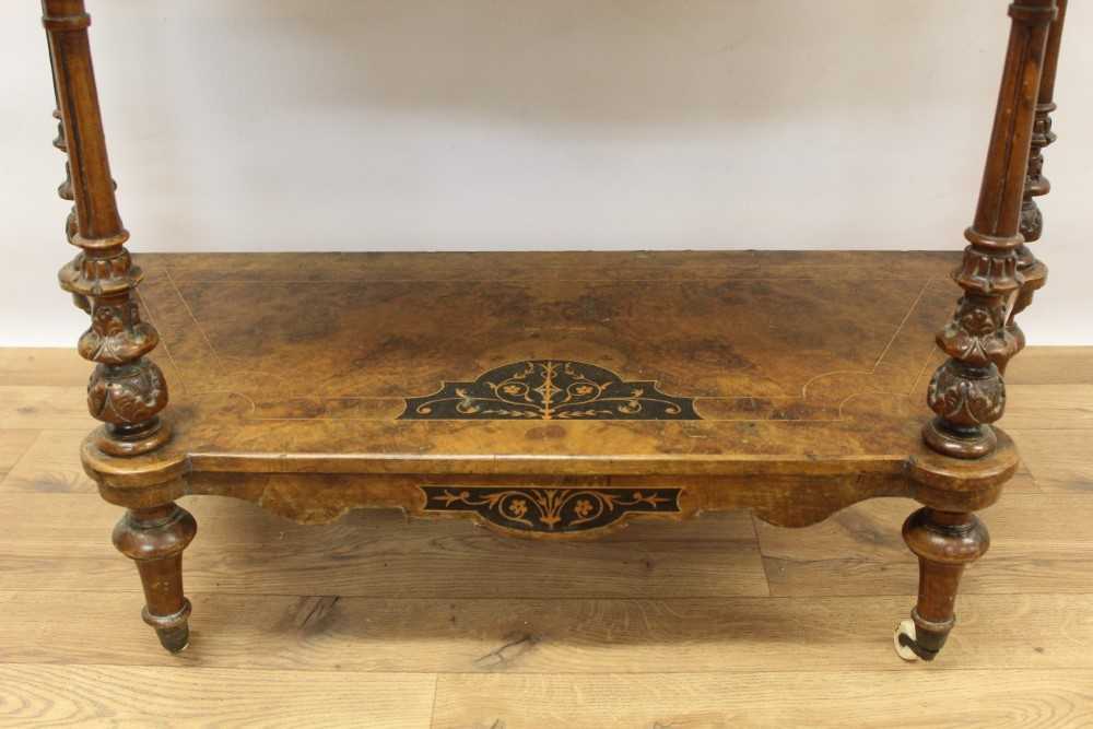 Victorian inlaid burr walnut veneered three tier whatnot with arched mirrored back, three marquetry - Image 5 of 7