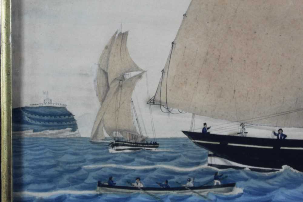 Mid 19th century ink and watercolour - Shipping off the Coast, 39cm x 56cm, in glazed gilt and eboni - Image 6 of 10