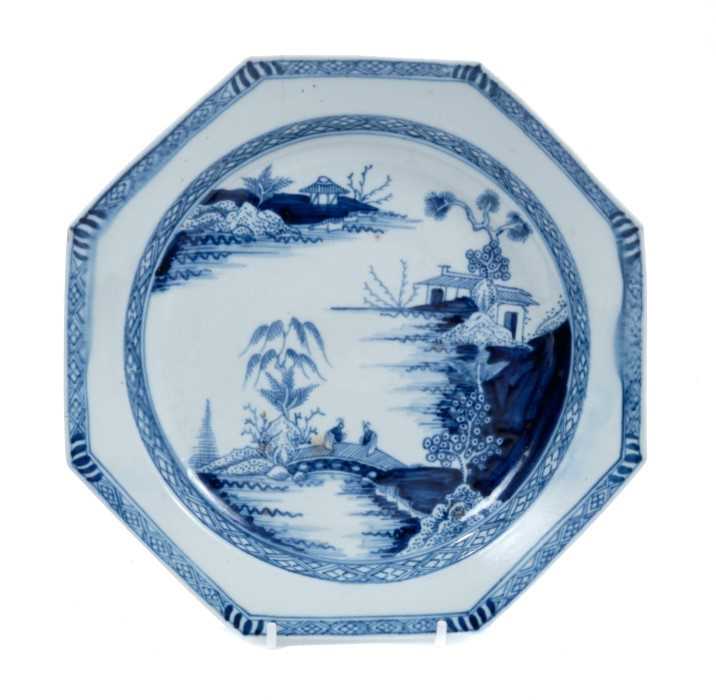 Chaffer's Liverpool blue and white octagonal plate, circa 1760