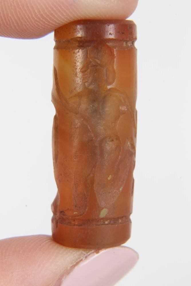 Ancient carved carnelian cylinder seal, Near Middle East, carved with figures, approximately 3.5cm l - Image 8 of 8