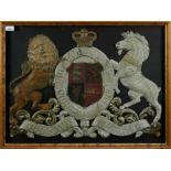 Unusual embossed and painted leather panel depicting the coat of arms, with 'God save the King', fra